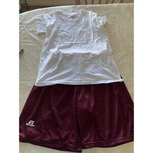 Athletic shorts set XL youth Russel Polysterburgundy shorts and 100 cotton shirt